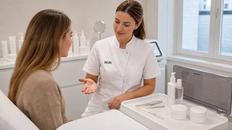 SKIN-specialist bespreekt huidverzorging met een cliënt in de behandelkamer